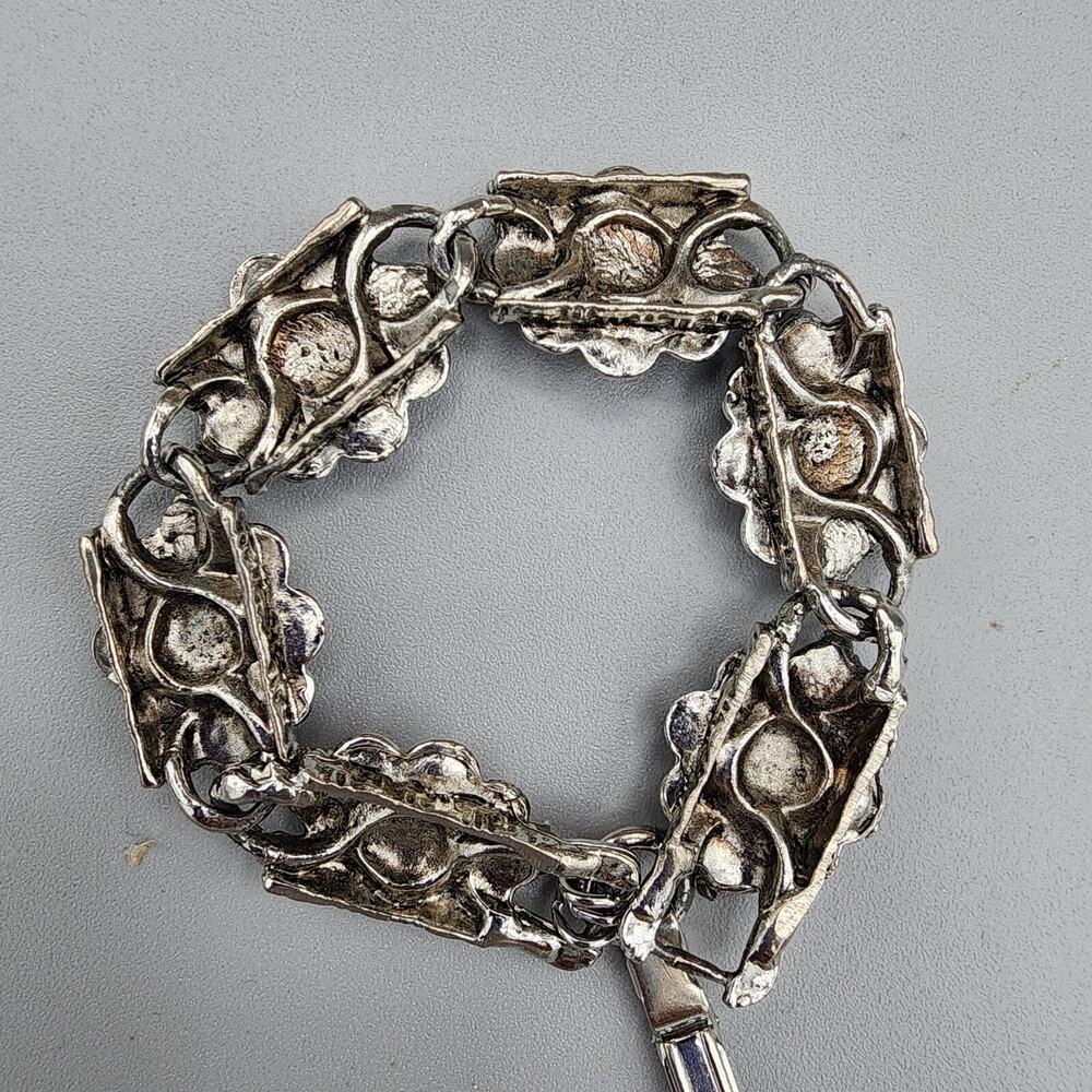 Vintage Silver Tone Floral Link Bracelet Clear Bead Chunky Jewel Art To Wear - Picture 9 of 10
